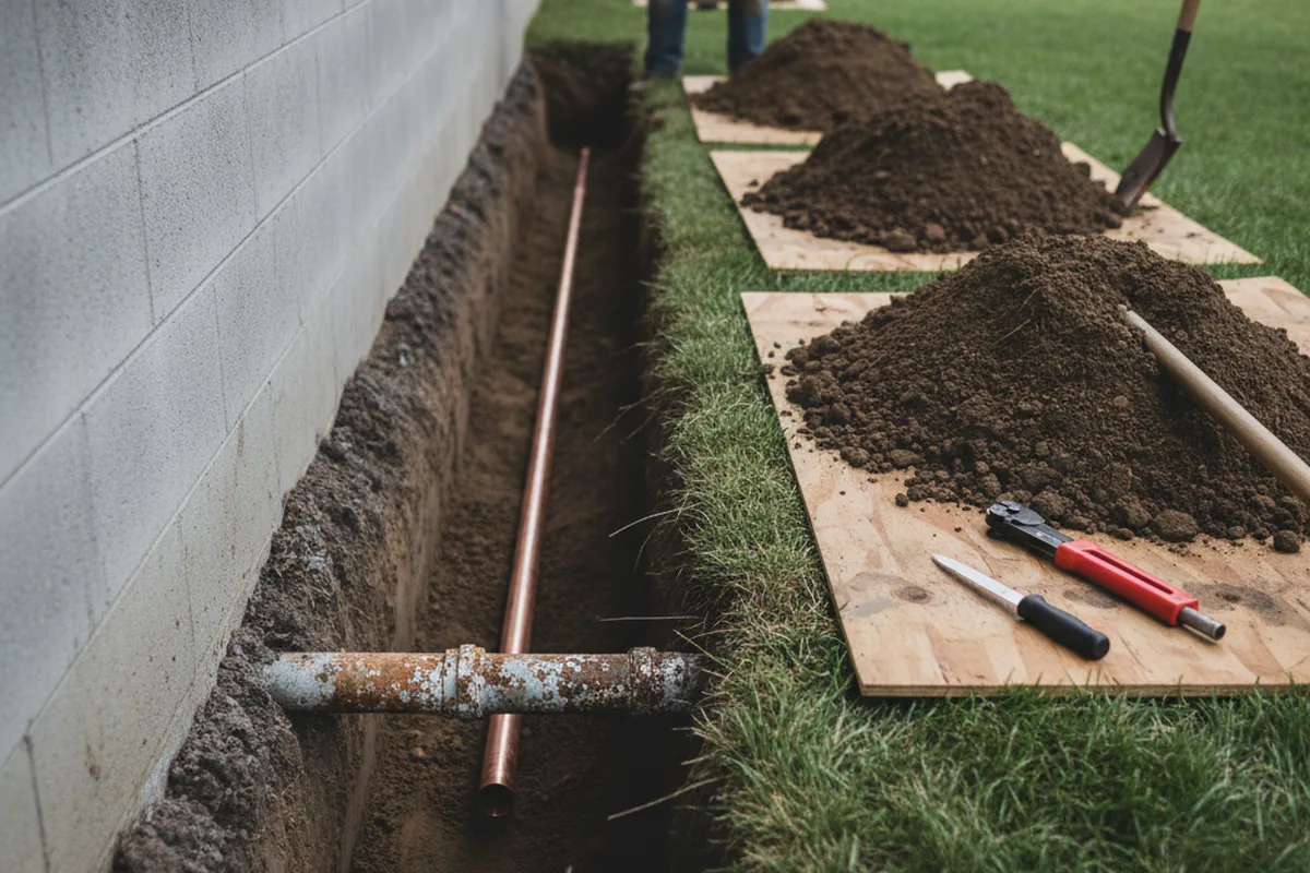 Excavated water line trench during Sewer Line Repair in Dighton